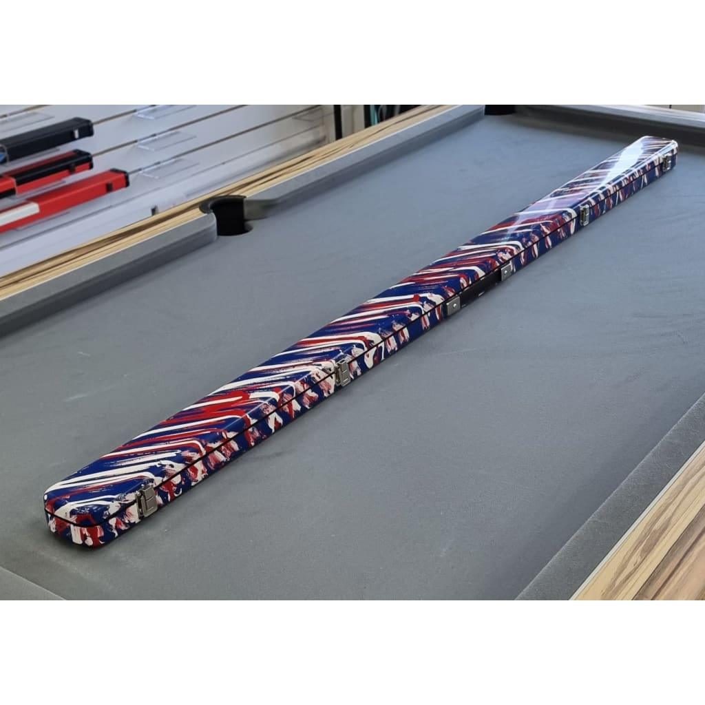 Custom handmade fibreglass resin pool and snooker cue case with red, white and blue swirls on a pool table.
