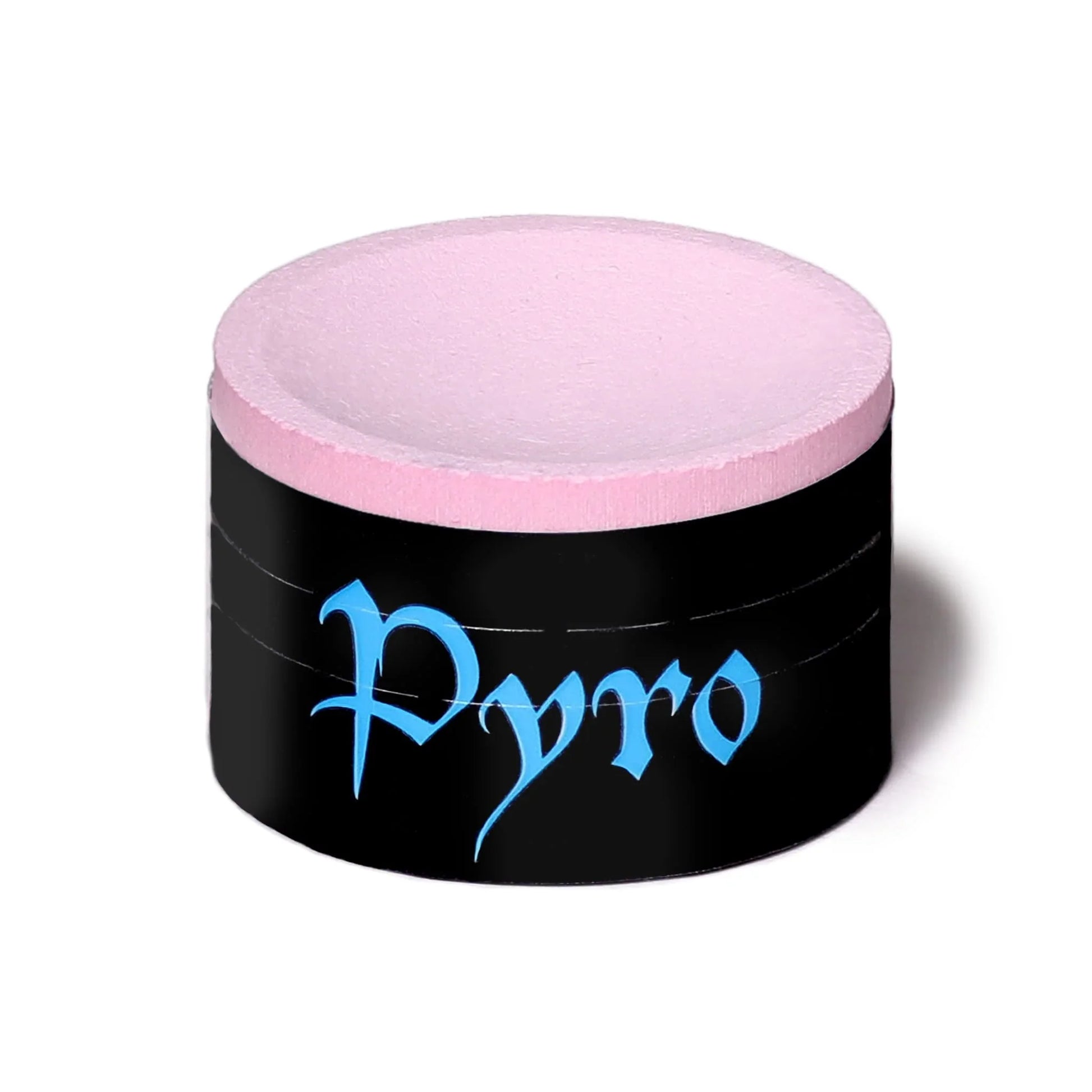Pink foam hockey puck with black rim and blue Pyro logo on white background