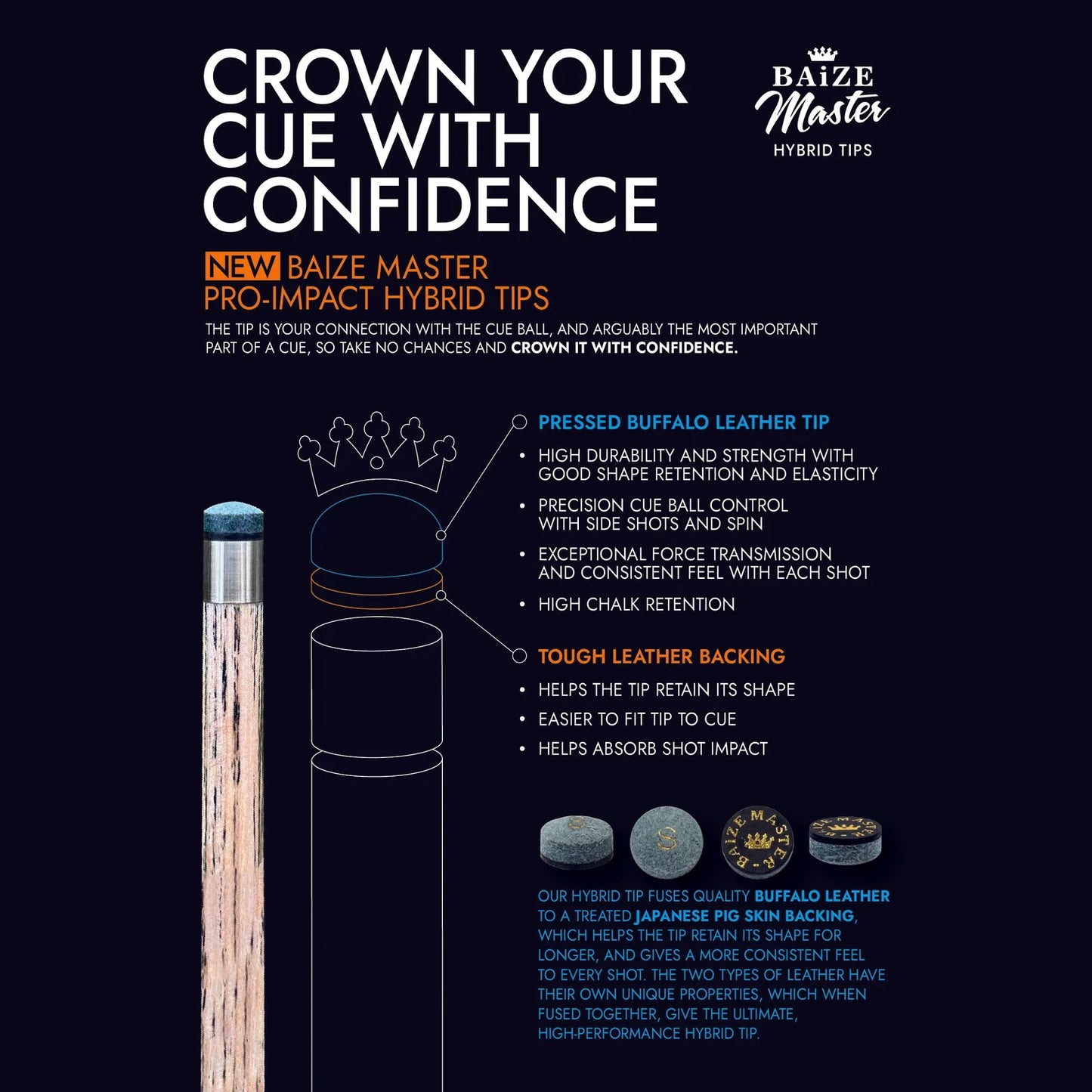 Baize Master PRO-IMPACT Professional 10mm Leather Backed Pressed Tip - Retail Pack