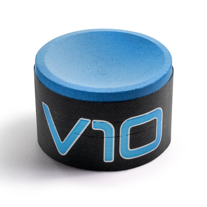 TAOM V10 blue billiard chalk cylinder with black sides and blue lettering