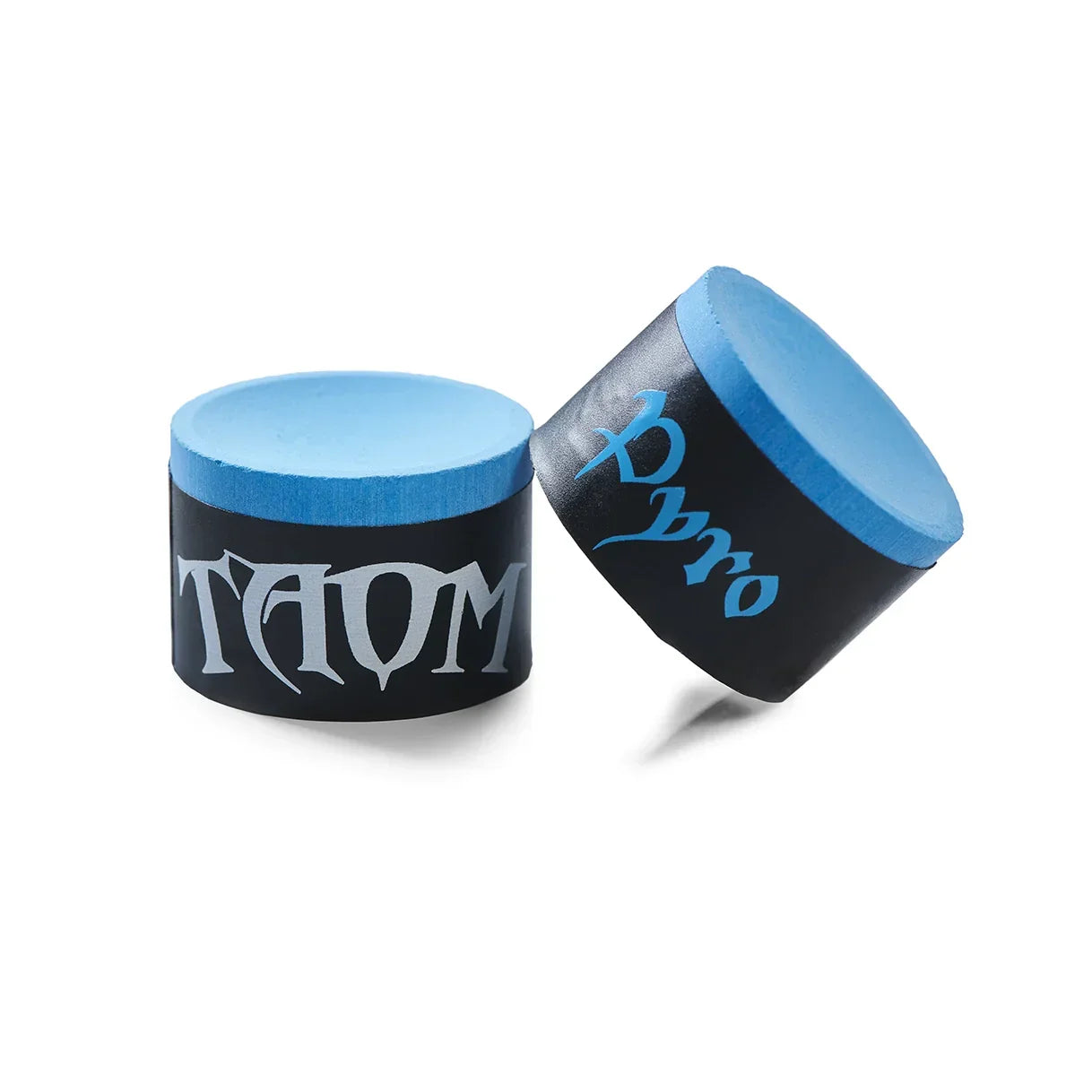 Taom Pyro Blue billiard chalk pieces with black casing on white background