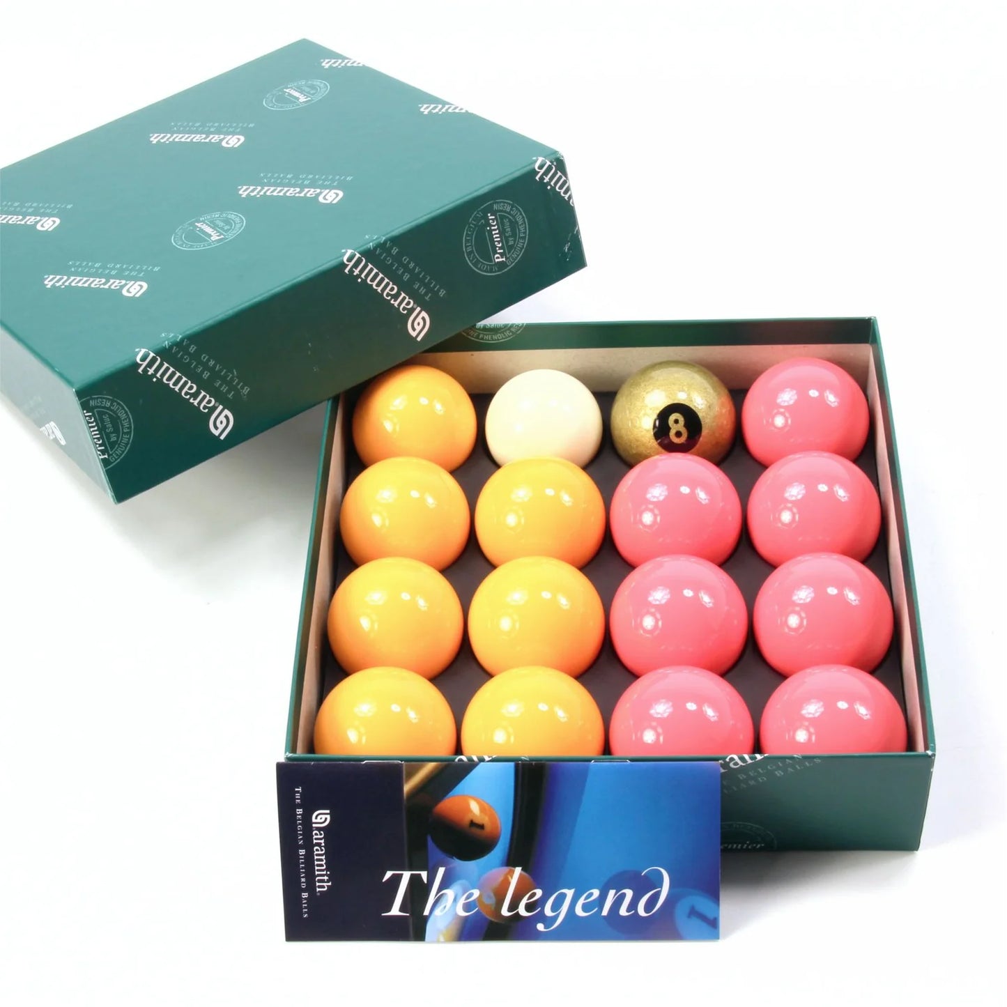 Aramith Premier 2 Inch Coloured Ball Sets with GOLDEN 8 BALL and PLAIN 1 7/8 Cue Ball