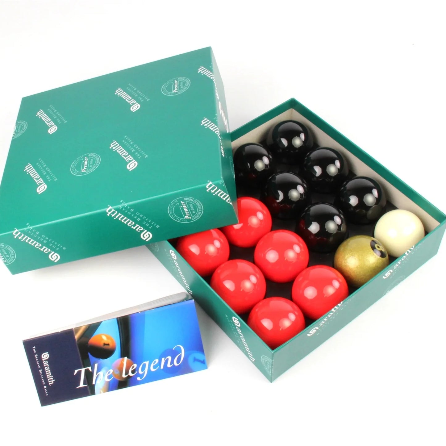 Aramith Premier 2 Inch Coloured Ball Sets with GOLDEN 8 BALL and PLAIN 1 7/8 Cue Ball