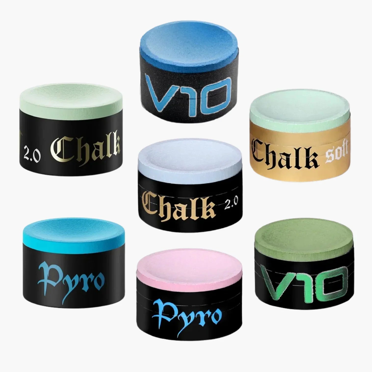 Assorted Taom cue chalks in various colors and styles for billiards and pool