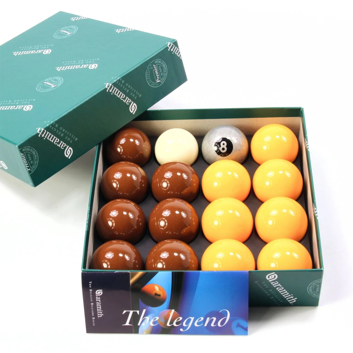 Aramith Premier 2 Inch Coloured Ball Sets with SILVER 8 BALL and PLAIN 1 7/8 Cue Ball